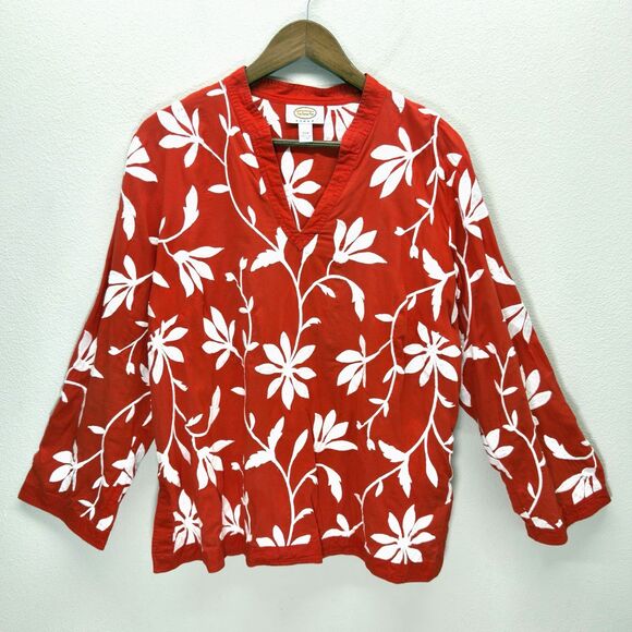 TALBOTS Woman White & Red Floral Embroidered Tunic Top Size 14W V Neck - Picture 1 of 8